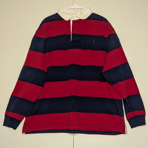 Polo Ralph Lauren The Iconic Rugby Henley Pullover Blue Red Color Block 2XB - Picture 1 of 9